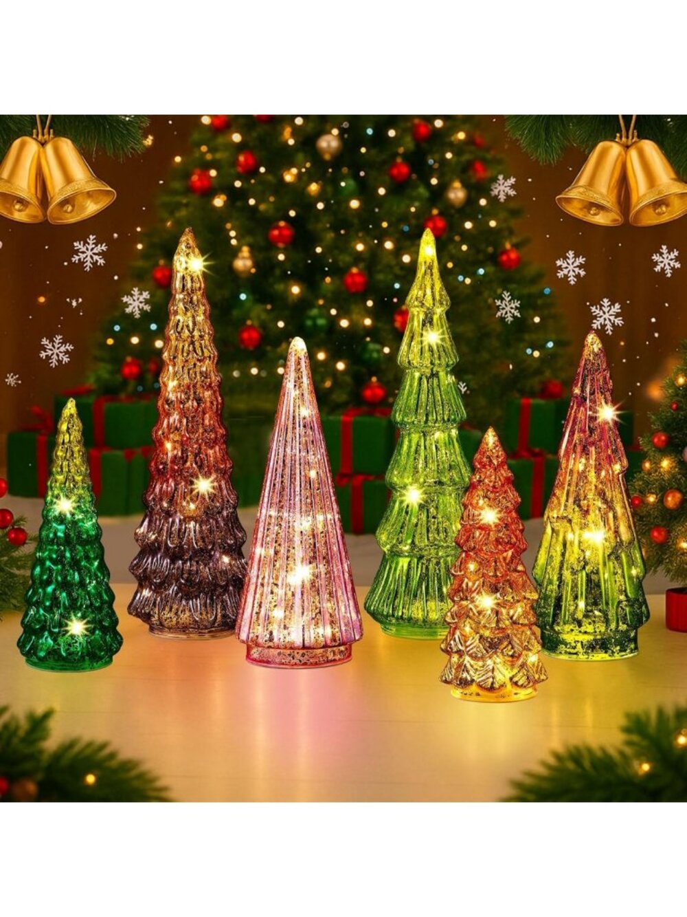 Colorful Light-Up Glass Christmas Tree Set - 6 Pack, Dreamy Holiday Decor